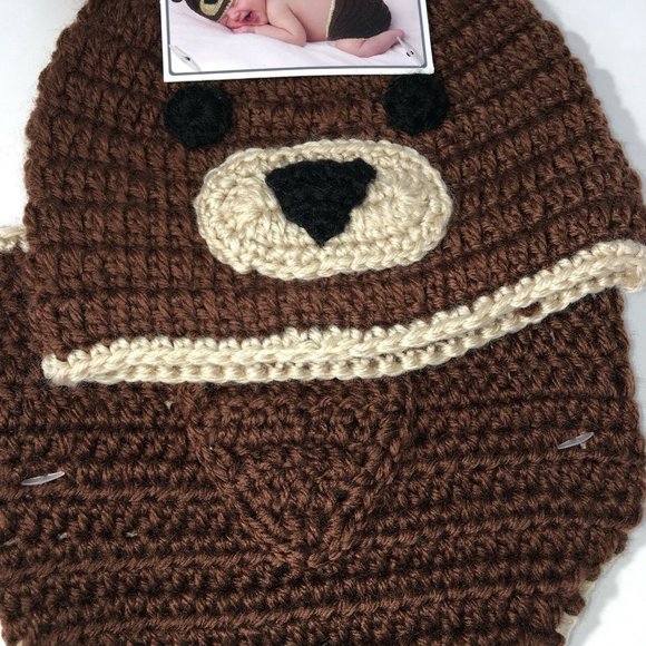 Hand Crocheted Hat And Diaper Cover Bear Sz 0-9 Months Brown Infant Baby Photo - Picture 6 of 12